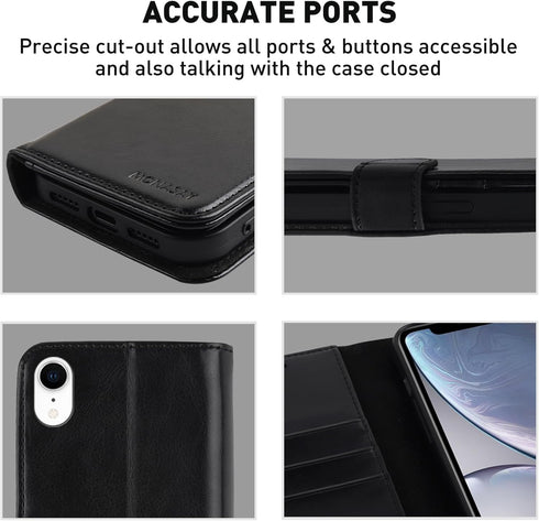 MONASAY Wallet Case for iPhone XR, 6.1-inch, Flip Folio Leather Cover with Credit Card Holder, Black, Glass Protector