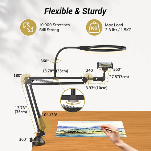 TONOR Overhead Ring Light Kit, 10" Ringlight with Heavy Duty Boom Arm and Phone Holder