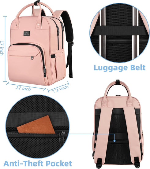 MATEIN Waterproof Nursing Backpack for Women, 15.6 Inch Travel Laptop Bag with Removable Organizer, Pink