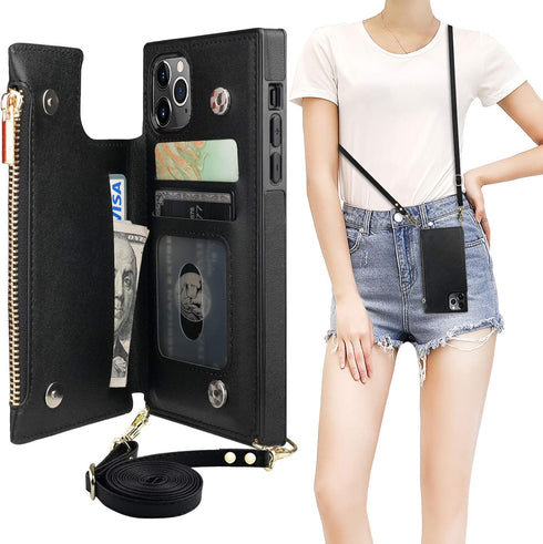 Bocasal Crossbody Wallet Case for iPhone 11 Pro, Card Holder, Zipper Slot Protector, Shockproof Purse Cover, 5.8 Inch