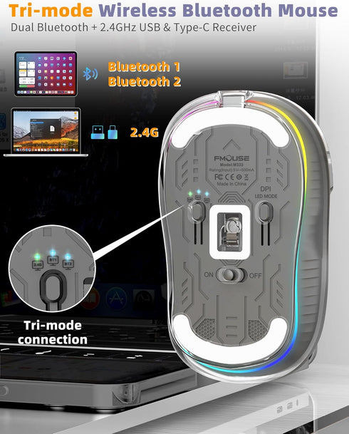 Wireless Bluetooth Transparent Mouse, 2.4GHz with USB & Type-C Receivers, Portable Silent Rechargeable Mice with RGB