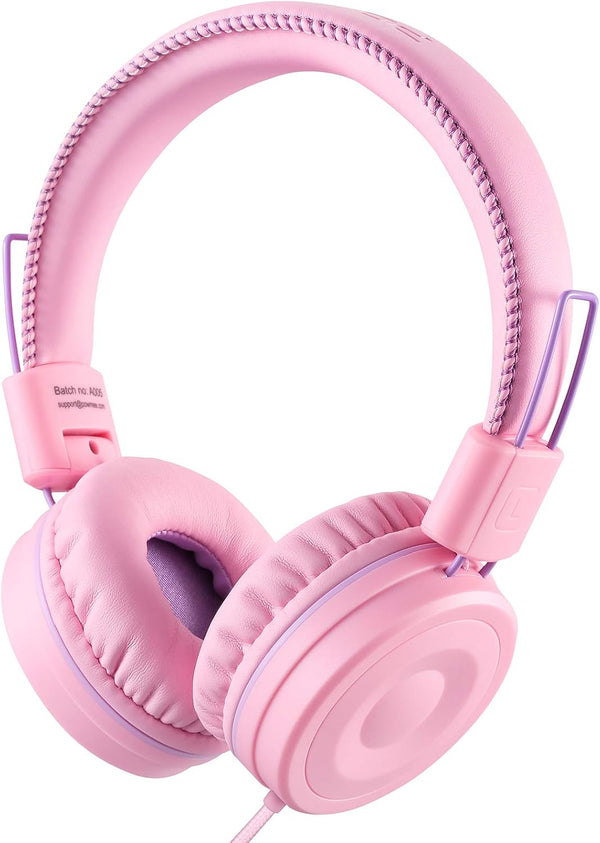 POWMEE M1 Kids Headphones, Foldable Adjustable Stereo Tangle-Free, 3.5MM Jack for Children, Pink