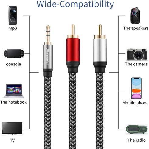 2RCA to 3.5mm Cable 25ft, Nylon-Braided AUX Cord for Stereo Receiver, Smartphone, Tablet, and More