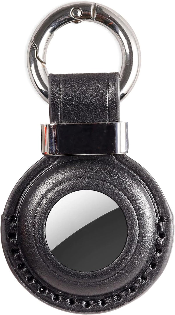 Genuine Leather Airtag Holder for Apple Airtag, Secure Keychain Holder with Stainless Steel Ring, Black V2.0