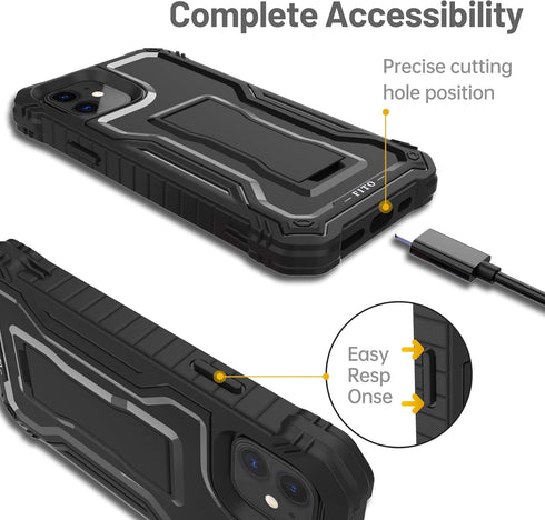 FITO Dual Layer Shockproof Case for iPhone 11 and iPhone XR, with Screen Protector and Built-in Kickstand (Black)