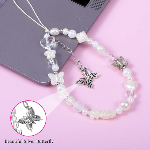 Qulkws Y2K Beaded Camera Wrist Strap Butterfly Cellphone Lanyard Strap Phone Charms Cute Pearl Digital Camera Charm