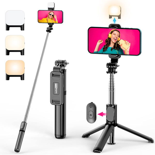 Selfie Stick Tripod with Fill Light, Extendable Selfie Stick with Detachable Wireless Remote, Flexible Phone Tripod