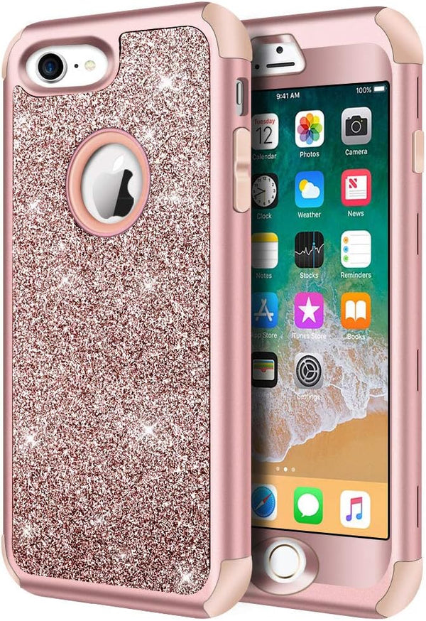 Hython Heavy Duty Full-Body Defender Case for iPhone 7 & 8, Rose Gold, Shockproof Hybrid Glitter Hard Shell Cover.