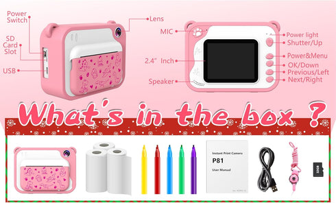 Kids Camera Instant Print 1080p, Dinosaur Toddler Camera, Ink Free Printing for Kids Aged 3-12, Gifts (Pink)