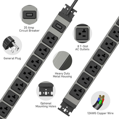JUNNUJ Heavy Duty Power Strip Wall Mount, 20 Amp Surge Protector with 8 Outlets and 6FT Extension Cord