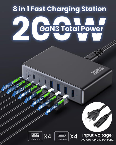 200W USB C Charger Block, GaN III 8-Ports Charging Station Hub + PD 65W Laptop Charger for MacBook, iPhone 16/15, Black