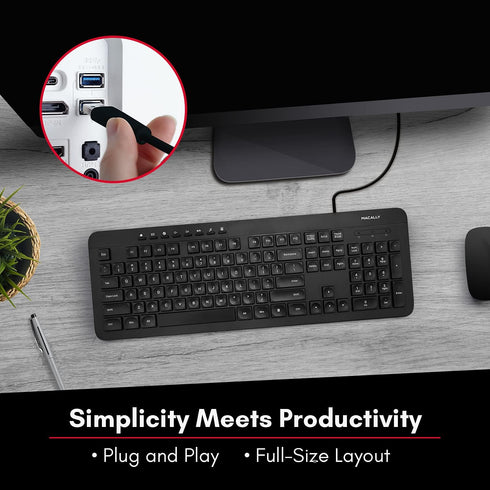 Macally Wired Full Size Keyboard, Quiet USB Keyboard for PC Desktop and Laptop, Comfortable for Typing