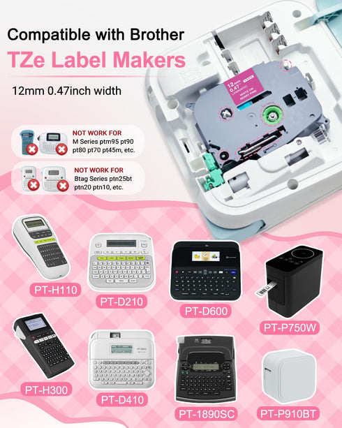 5P TZe-MQP35 G35 F31 E31 MQ531 12mm 0.47 PTD210 PTD400 PTP300BT Compatible with Brother P Touch Label Tape TZ Tape