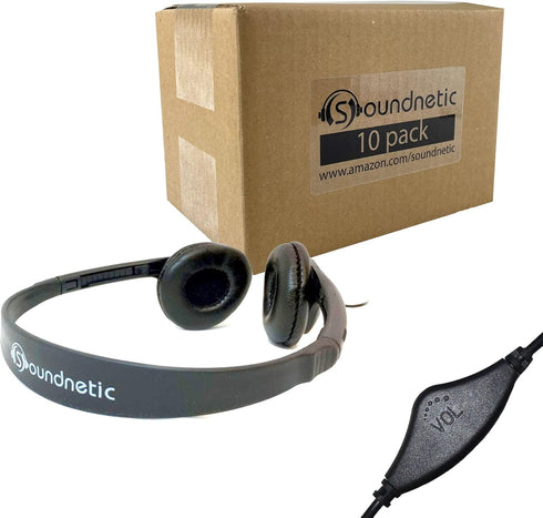 Soundnetic SNCCV Classroom Stereo Headphones with Leatherette Earpads, Black, Count of 10