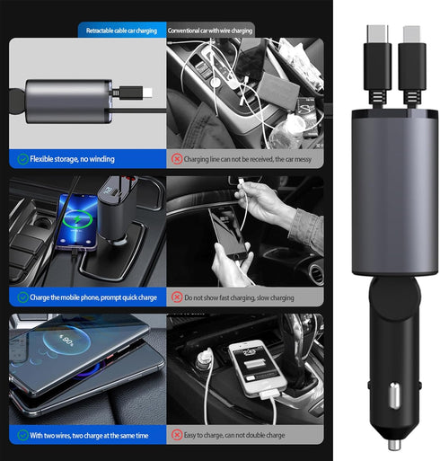 Retractable Car Charger, 4 in 1 Fast Phone Charger with Dual Retractable Cables and 2 Charging Ports