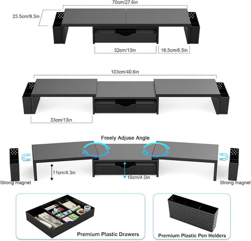 2 Spacrea Metal Desk Organizers and Accessories, Dual Monitor Stand Riser with Drawer and Pen Holders, Book Racks, Desk