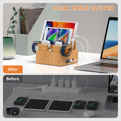 Pezin & Hulin Bamboo Charging Station Organizer for Multiple Devices, Desktop Docking Station with 5 Cables, NO Charger