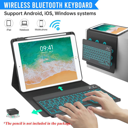 Keyboard Case for iPad 9.7" (5th/6th Gen), 360° Rotatable with Pencil Holder, 7 Color Backlit Bluetooth Keyboard