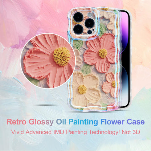 UEEBAI Colorful Retro Oil Painting Flower Case for iPhone 14 Pro Max, Cute Sparkly Floral Curly Cover (Orange Yellow)