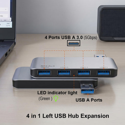 Tmiyas 3.0 4-Port Left Side USB Hub, Cable-Free USB Splitter for Laptop, Direct-Plug Design, Compatible with MacBook