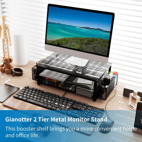 gianotter Desk Computer Monitor Stand Riser with Drawer and 2 Pen Holders, Black Desk Organizer for Office