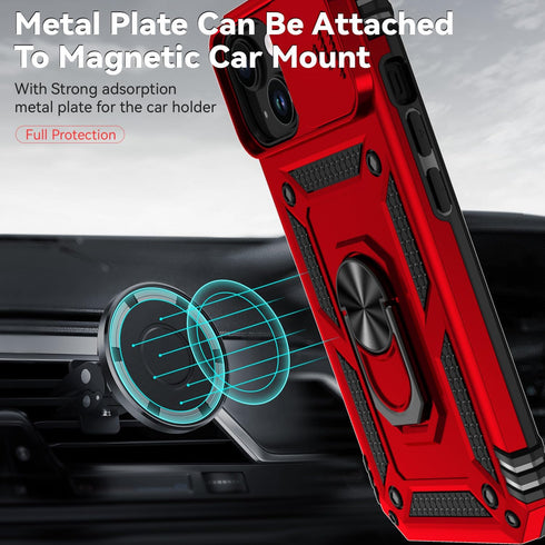 SunStory iPhone 15 Plus Case, Red with HD Screen Protector, Slide Camera Cover & Rotated Ring Kickstand, Military-Grade