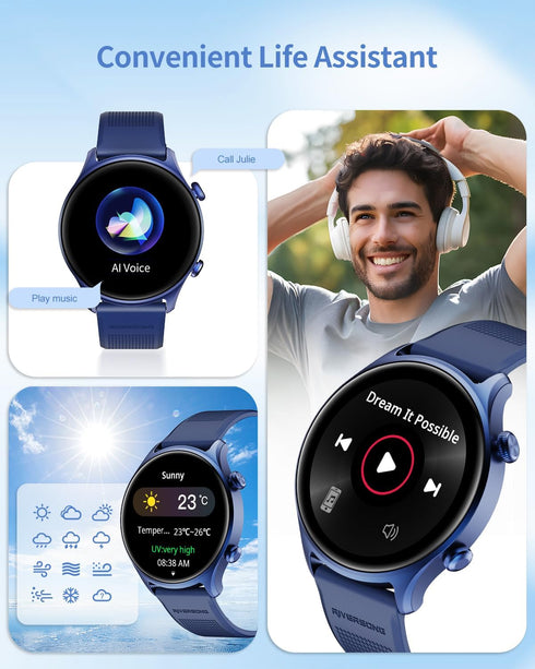 RIVERSONG Smartwatch for Men Women, 1.52" Fitness Watch, Heart Rate/Sleep/Blood Oxygen Monitor, AI Voice, Navy Blue