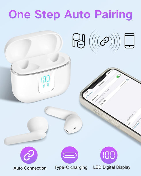 Wireless Earbuds, 5.3 Headphones 40Hrs Playtime with Charging Case, Waterproof Stereo in-Ear Earphones with Microphone for iPhone Android Cell Phone Sports Workout, White