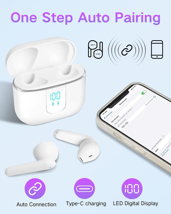 Wireless Earbuds, 5.3 Headphones 40Hrs Playtime with Charging Case, Waterproof Stereo in-Ear Earphones with Microphone for iPhone Android Cell Phone Sports Workout, White