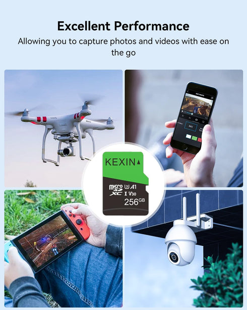 KEXIN 256GB Micro SD Card with SD Adapter, microSDXC Memory Card UHS-I A1 V30 U3 for Smartphone Tablet Action Camera