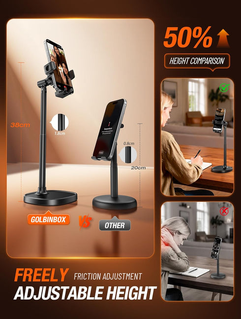 GolbinBox 180 360 Phone Stand for Desk - Quick Release, Adjustable Height & Angle, Flip & Rotation, Universal Desktop