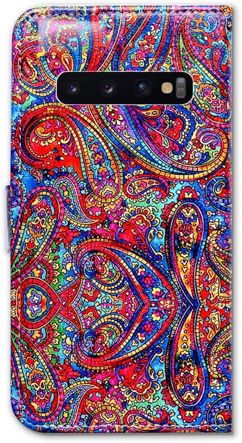 Case for Galaxy S10 - Bright Paisley Pattern Flip Folio Leather Wallet Cover with ID Card Slot Kickstand