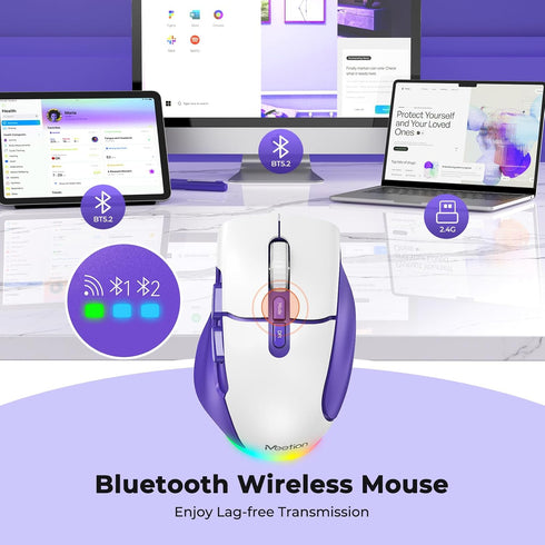 MEETION Wireless Mouse for Laptop, Ergonomic Rechargeable Mouse with USB and Bluetooth, 4 Adjustable DPI, Purple White