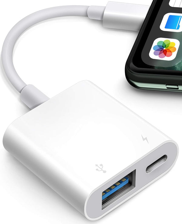 USB Adapter for iPhone/iPad, Lightning to USB Female OTG Adapter, USB3 with Charging Port, Supports Flash Drives