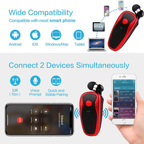 Retractable Wireless Headset, Wireless Headphones for Business Office, Driver Earbud with Clip, Retractable Noise