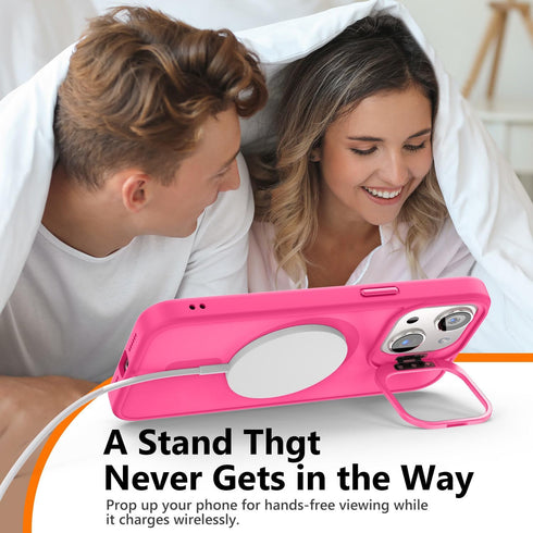 Hot Pink Magnetic Case for iPhone 13 & 14, Shockproof, Matte Scratch-Resistant, Built-in Stash Stand, Magsafe