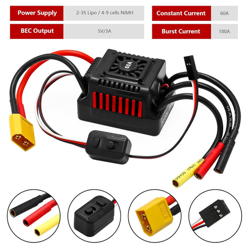 60A 2-3S Programming 1/10 Upgraded Brushless ESC Electronic Speed Controller with Card Waterproof ESC for Remote