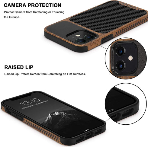 TENDLIN Compatible with iPhone 12 / 12 Pro Case, Wood Grain with Carbon Fiber Texture Design, Leather Hybrid Case