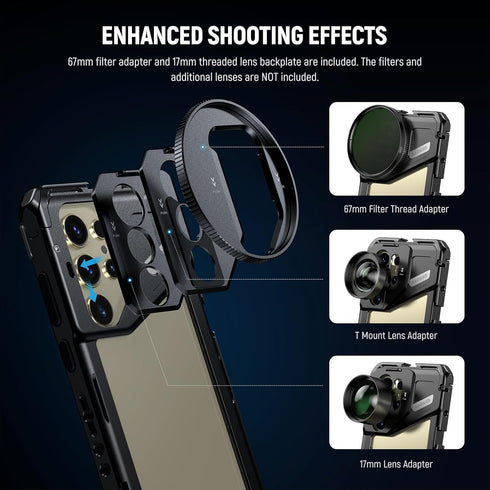Neewer S24 Ultra Phone Cage with 67mm Filter Adapter, 17mm Lens Backplate, T Mount Lens Adapter, Cleaning Cloth