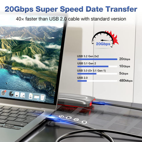 20Gbps USB C 3.2 Gen 2 Cable, Type C 4K@60Hz UHD Video 5A/240W PD3.1 Fast Charge Compatible with Thunderbolt 3/4 (3M)