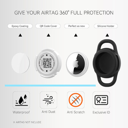 QR Code Airtag Holder - Waterproof Full Body Protection Anti-Lost Case for Dog, Cat, Collar, Backpack (Black, Small)