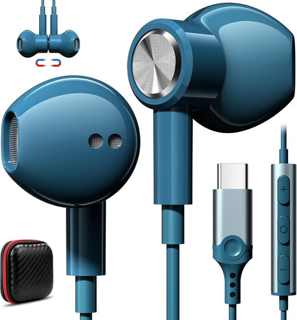 USB C Wired Headphones with Mic for iPhone 15 Plus, Hi-Fi Type C Earbuds for iPad Air, Galaxy S24 Ultra