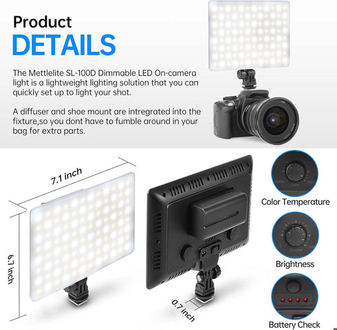SL100D LED Video Light, Bi-Color on Camera, Continuous Dimmable Photography Lighting, Portable Studio LED Panel