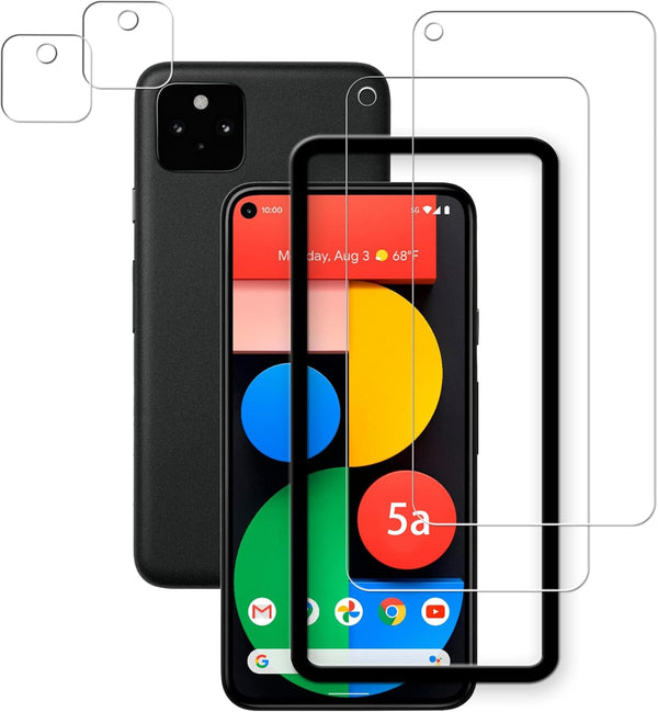 Easy Alignment Frame for Google Pixel 5a 5G, Tempered Glass Screen Protector 2-Pack + Camera Lens Protector Film 2-Pack