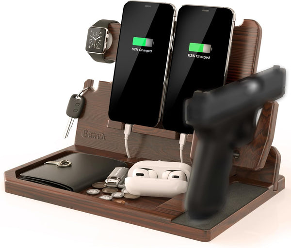 BARVA Adaptive Wood Gun Rack, 2 Phone Docking Charging Station, Gifts for Men, Dad Birthday Ideas, Nightstand Organizer