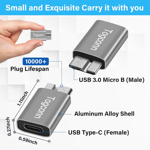 Micro B to USB C 3.1 Adapter (2 Pack), USB Type-C (Female) to Micro B (Male) Connector for Charge & Data Sync