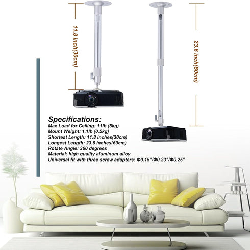 WXLHOTY 11.8 inch 23.6 inch, 11 lbs 360 Universal Projector Wall Ceiling Mount Hanger Adjustable Length from to Load