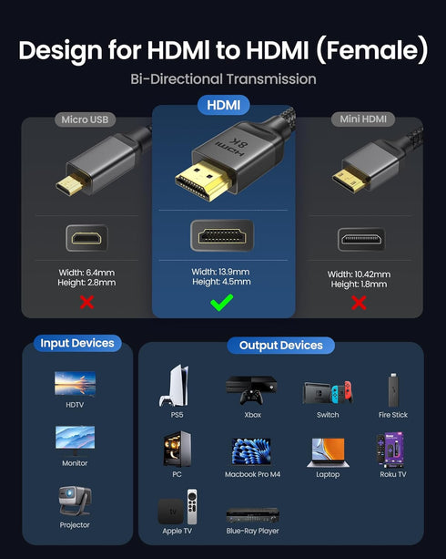 8K 5FT/1.5M 2.1, 8K@60hz 4K@120hz 48Gbps PS5/4 Silkland HDMI Extension Cable HDMI Extender HDMI Male to Female