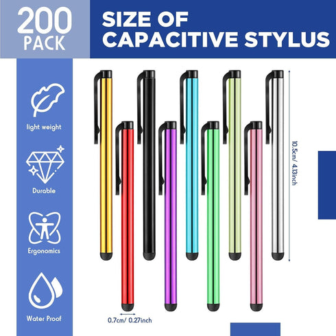 200 Pack Stylus Pens for Touch Screens - Capacitive Screen High Sensitivity Metal Tablet Pen, Universal Fine Point, 10