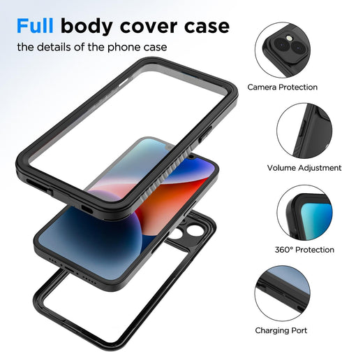 for iPhone 14 Case, iPhone 14 Waterproof Case with Built-in Screen Protector, Full Body Heavy Duty Phone Case Dustproof Shockproof Case Cover for iPhone 14 6.1inch Black